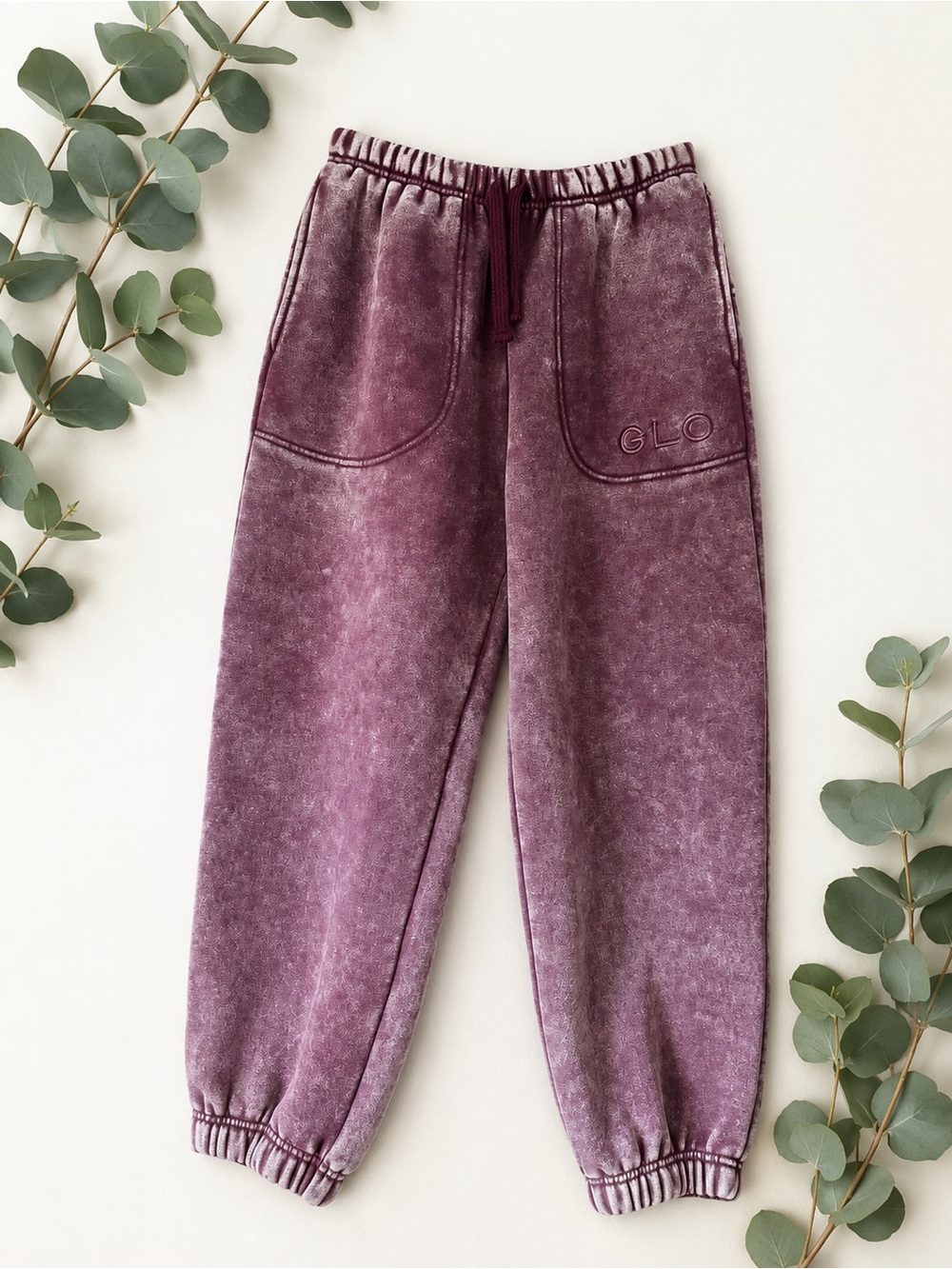 GLO Acid Wash Burgundy Jogger Sweatpants Embroidered Logo Size S